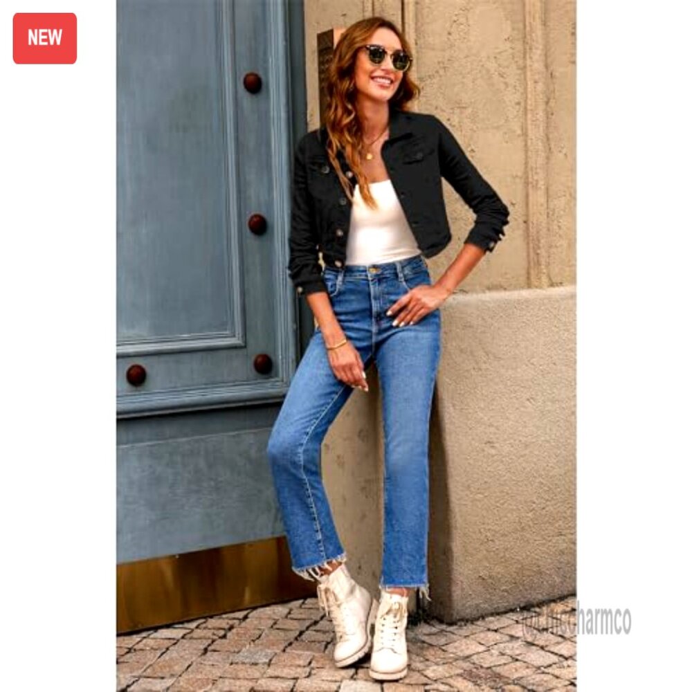 Cropped Denim Jacket Lightweight Stretchy Fitted … - image 5